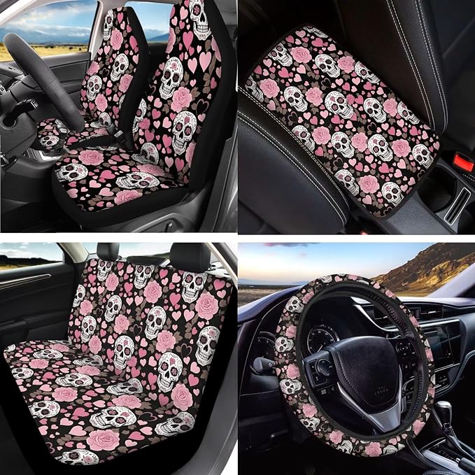 Rose Skull Print Car Interior Cover Set Includes High Back Seat Covers Steering Wheel Cover Safety Belt Pads Headrest Covers Center Console Pad Cup Cushions Key Chain for Men Women
