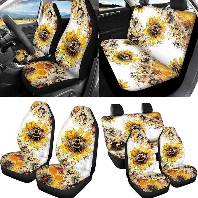 Bee Car Seat Covers 12Pcs Sunflower Bee Auto Seat Protection Accessories Full Set with 15Inch Steering Wheel Covers Seatbelt Pad Keychain Coaster Armrest Pads Vehicle Interior Set