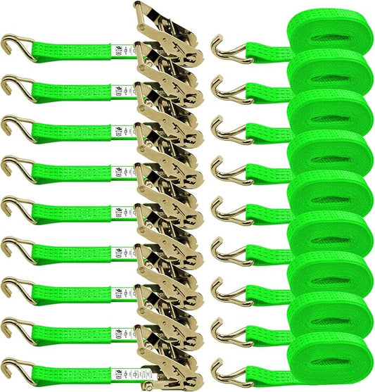 1.5 inch Ratchet Straps Heavy Duty 8 Pack 1-1/2 in x 12ft Cargo Load Tie Down Strap Double J Hook Green 2200lbs Working Load for Trucks