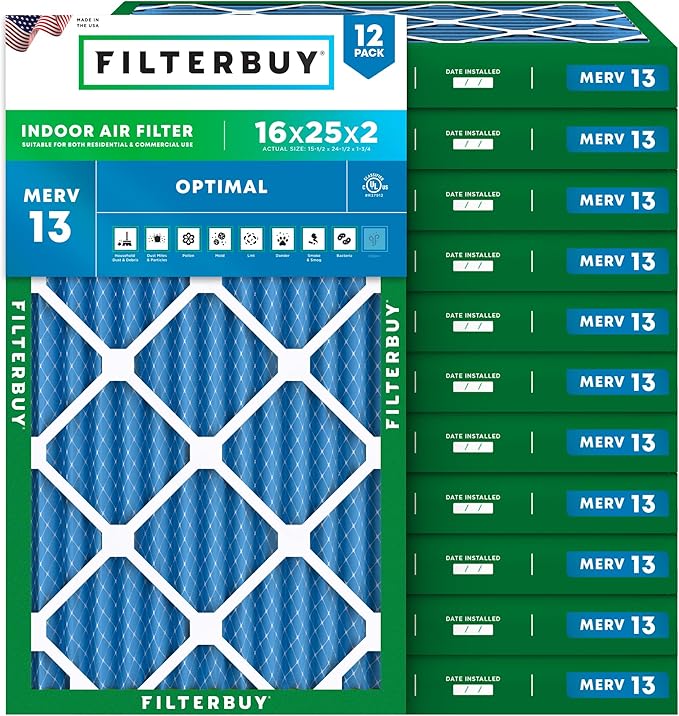Filterbuy 16x25x2 Air Filter MERV 13 Optimal Smoke & Allergy Defense (12-Pack), Electrostatic Pleated HVAC AC Furnace Filters Replacement (Actual Size: 15.50 x 24.50 x 1.75)