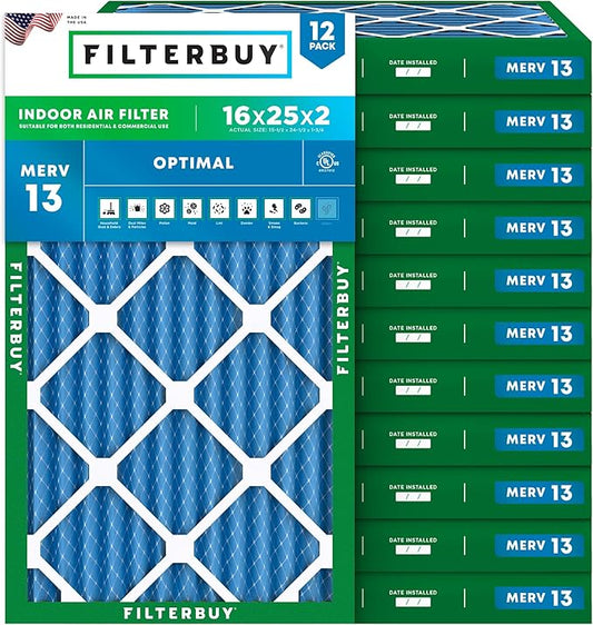 Filterbuy 16x25x2 Air Filter MERV 13 Optimal Smoke & Allergy Defense (12-Pack), Electrostatic Pleated HVAC AC Furnace Filters Replacement (Actual Size: 15.50 x 24.50 x 1.75)