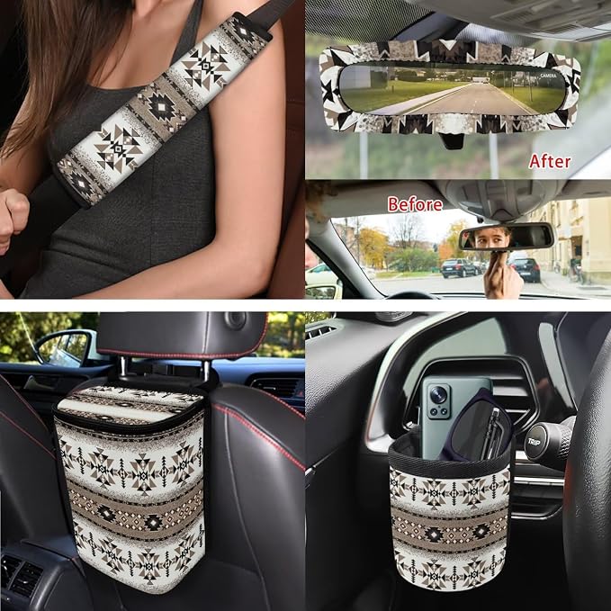 XYZCANDO Tribal Prints Automobile Accessories Sets 15 PCS Car Seat Cover Set Steering Wheel Cover Cover Garbage Bag Storage Box Seat Belt Pads Rear View Mirror Cover Coasters Keychain Fit Most Cars