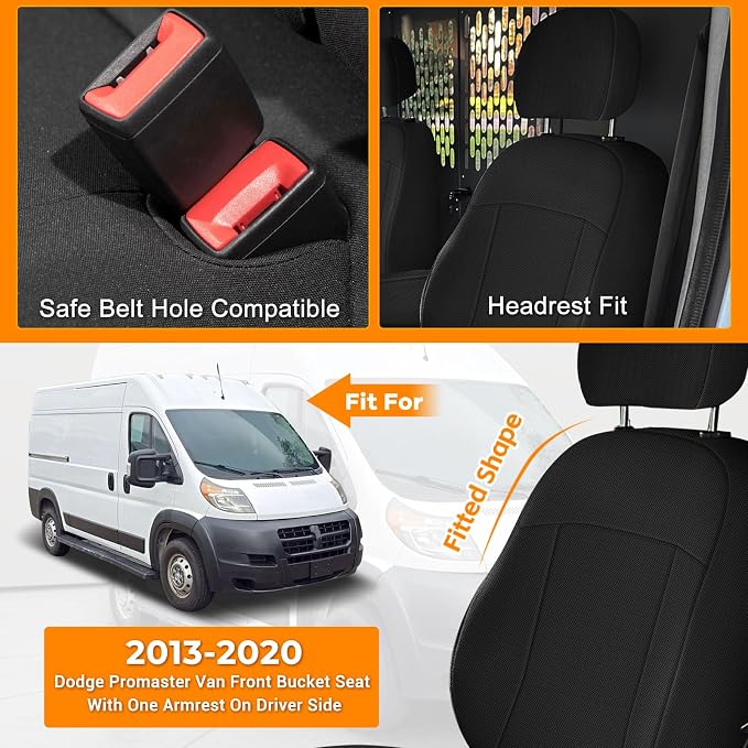 Front Bucket Seat Covers Compatible with 2013-2020 Dodge Ram Promaster Van, Armrest on Drivers Only, Breathable Automotive Cover Cushion Accessories, Black