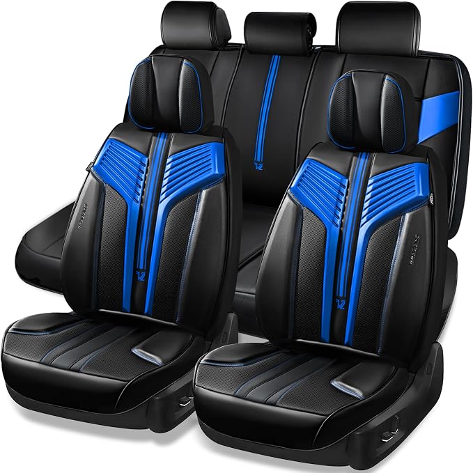 CAR PASS Nappa Leather Seat Covers, Breathable Waterproof Car Seat Covers Full Set, Luxury Leather Front and Back Seats Full Coverage, Universal Fit SUV Pick-up Truck Sedan Automotive(Black Blue)