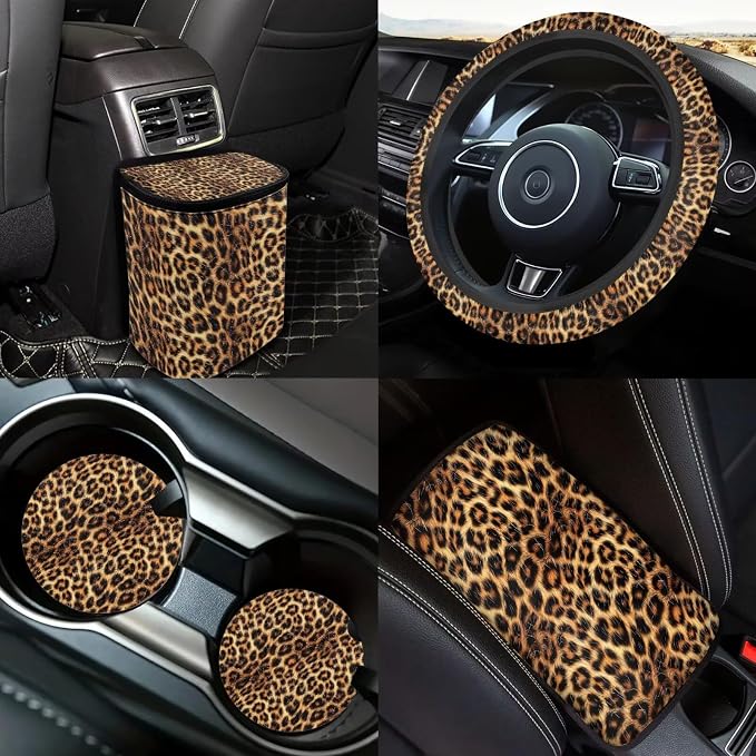 18 Pcs Car Seat Covers Full Sets Leopard Print Car Interior Accessories Sets with Cheetah Car Seat Belt Pads Cover Car Headrest Covers Auto Trash Bag Steering Wheel Cover,Easy to Install