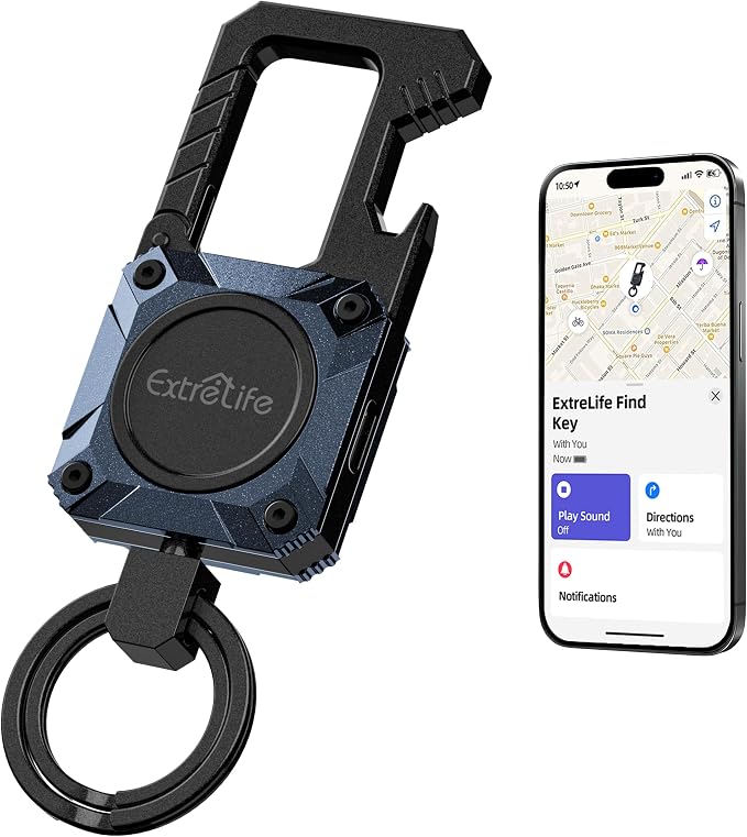ExtreLife Keychain, Works with Apple Find My, Bottle Opener, Carabiner Car Key Chains with Gps Tracker