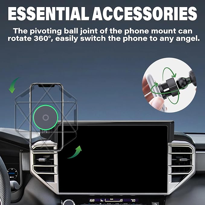 Car Phone Holder for 2022-2026 Toyota Tundra/2023 2024 2025 2026 Toyota Sequoia Accessories 15W Fast Wireless Charger Screen Fixed Clip Cell Phone Mount Hands-Free 360 ° Rotation(14 Inch)