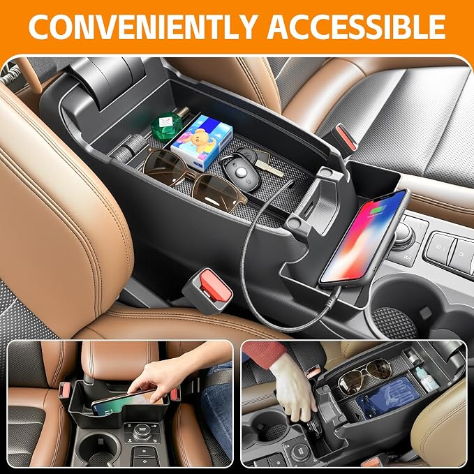 Center Console Organizer Compatible with 2021-2025 Ford Bronco Sport/2020-2025 Ford Escape Hanging Armrest Box Arm Rest Storage Tray for Bronco Sport/Escape Accessories(Hanging+Armrest Tray)
