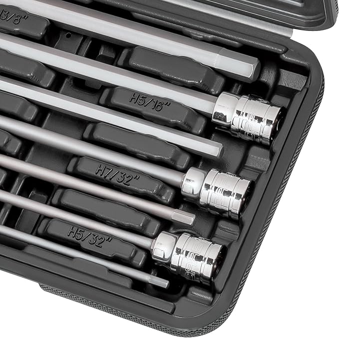 CARBYNE 7-Piece SAE Extra Long Hex (Allen) Bit Socket Set, 1/8 in. to 3/8 in., 3/8 in. Drive, S2 Steel Bits, CrV Sockets, 6.1 in. Overall Length for Deep-Reach Access, Durable Storage Case