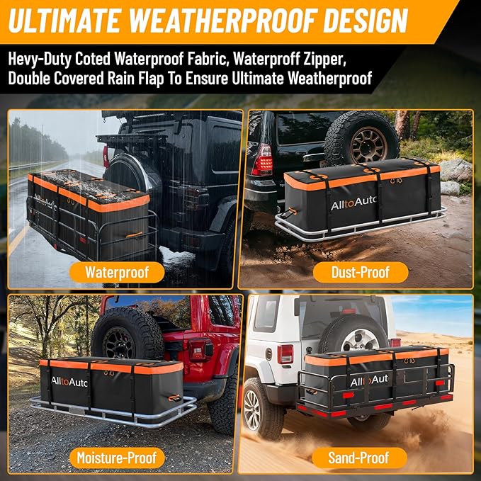 30 CuFt Waterproof Cargo Bag for Hitch Carrier | 60"x24"x36" Trailer Hitch Cargo Carrier | Weatherproof Truck Bed Storage with Straps, Lock & Carry Case | PVC Vehicle Soft-Shell Carriers