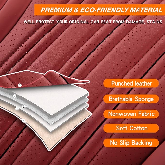 Car Seat Cover, Seat Covers for Cars, Luxury Faux Leather Waterproof Seat Covers, Car Seat Protector Accessories Universal Fit Most Vehicles WineRed Full Set
