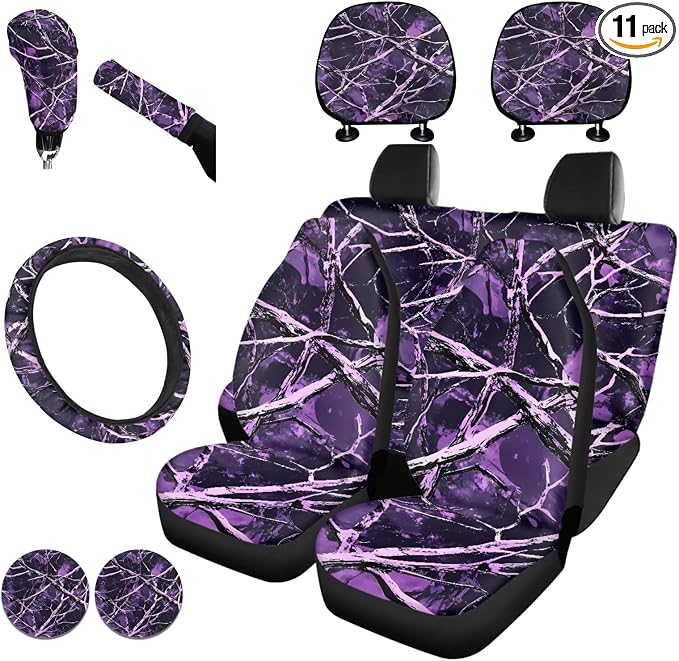KEIAHUAN Purple Camo Branch Full Set Car Seat Cover with Steering Wheel Cover Cupholder Coaster Gear Shift Cover Handbrake Cover Headrest Cover Elastic Universal Fit for Most Vehicles 11 Pcs