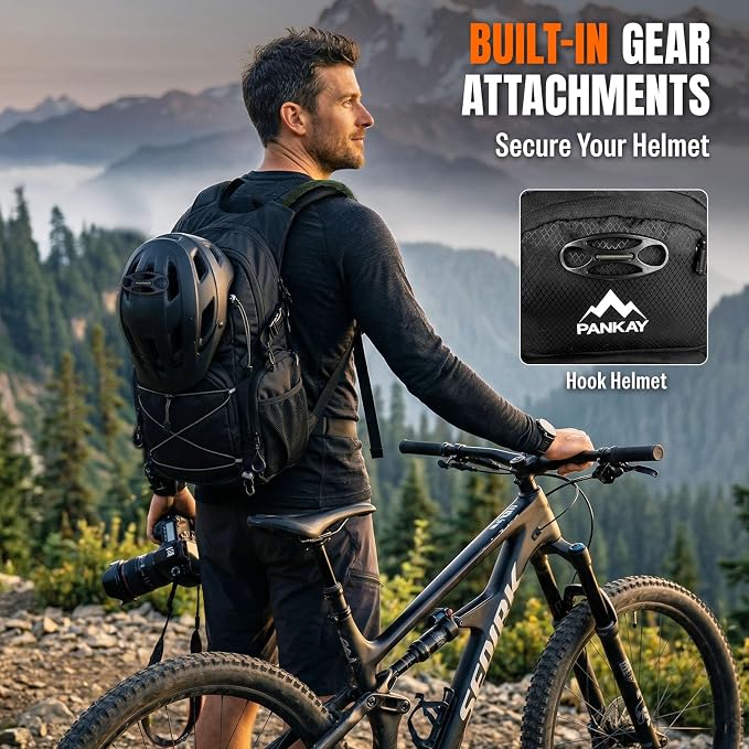 Pankay 25L Hydration Backpack Hiking, Hiking Backpack with Water Bladder, Detachable Phone Pouch & Helmet Holder, Lightweight Water Backpack for Men Women Hiking Biking Running Camping Travel