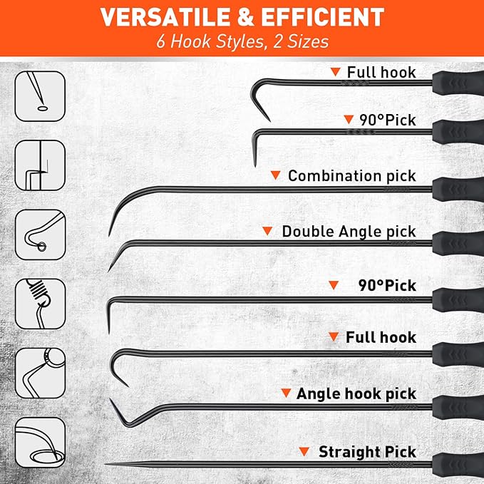 HORUSDY 8-Piece Professional Hook and Pick Set for Automotive Precision Work, Oil Seal Puller, O-Ring & Gasket Removal Tools with Ergonomic Handles for Mechanics, DIY Car Repair