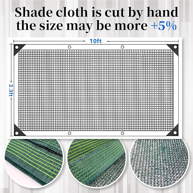 90% Blackish Green Shade Cloth, 3.3x10FT Resistant Garden Sun Shade Net, Durable Mesh Shade Tarp with Reinforced Grommets for Greenhouse, Plant, Chicken Coop, Pergola, Swimming, Canopy，Patio，Garden