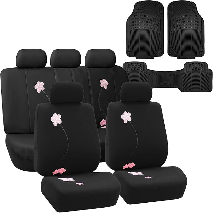 FH Group Car Seat Covers Floral Seat Covers Full Set – Universal Fit for Cars Trucks & SUVs (Black) FB053115 + F11306