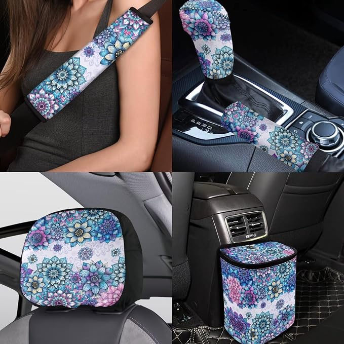 BIGCARJOB Purple Boho Lotus Car Seat Covers Set Hippie Lotus Print Auto Seat Headrest Cover Universal Steering Wheel Cover Car Trash Can Hanging Auto Interior Accessories Set 15 Pieces