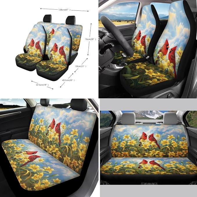 Suobstales Cardinal Lily Flower Print Car Accessories with Car Front Rear Split Seat Covers, Seat Belt Pads + Steering Wheel Cover + Coaster + Keyrings for Women Men Set of 11-Pcs