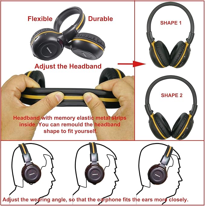 SIMOLIO IR Headphones for Car DVD for uConnect VES, Honda Odyssey, Dodge Grand Caravan, Chrysler Town Country, Jeep, 2 Channel Universal Folding Infrared Headphone w/AUX Cord & Carrying Case, 2 Pack