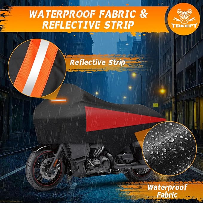 Motorcycle Half Cover with Elastic Hook and Reflective Strip Waterproof Dustproof Sunproof All-Day Protection Suitable for Touring Models Road King Street Glide Road Glide and More (Black&Red)
