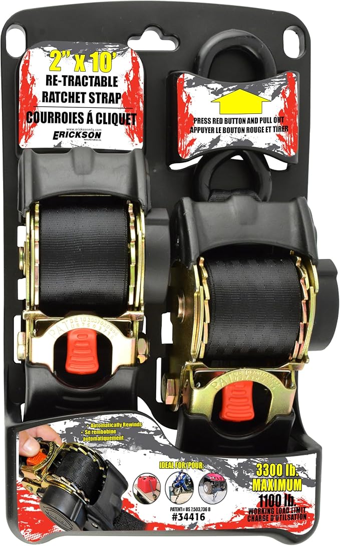 Erickson Pro Series 2in x 10ft Black Retractable Ratcheting Tie-Down Straps, High-Strength Design, 3300 lb Load Capacity, Pack of 2