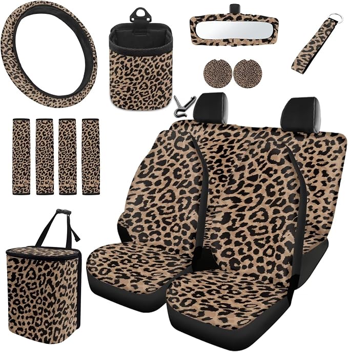 Dreaweet Brown Leopard Print Car Seat Covers Full Set for Women Cheetah Car Accessories Steering Wheel Cover Seat Belt Pads Car Coasters Trash Bag Air Vent Storage Bag Rearview Mirror Cover Keychain