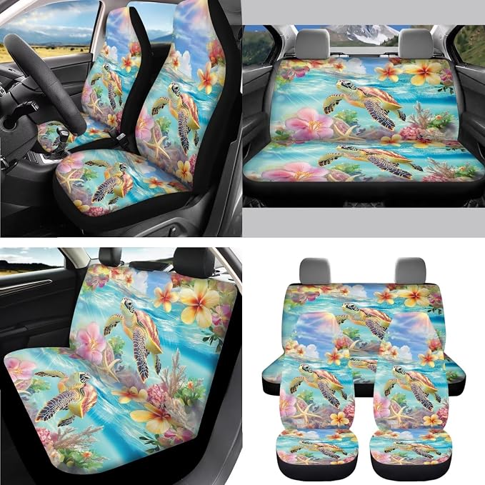 AFPANQZ Sea Turtle Tropical Flower Car Seat Covers with Steering Wheel Cover, Seat Belt Shoulder Pads, Cup Holder Coasters, Gear Shift Knob and Handbrake Protector Cushion Full Set of 11 for Women