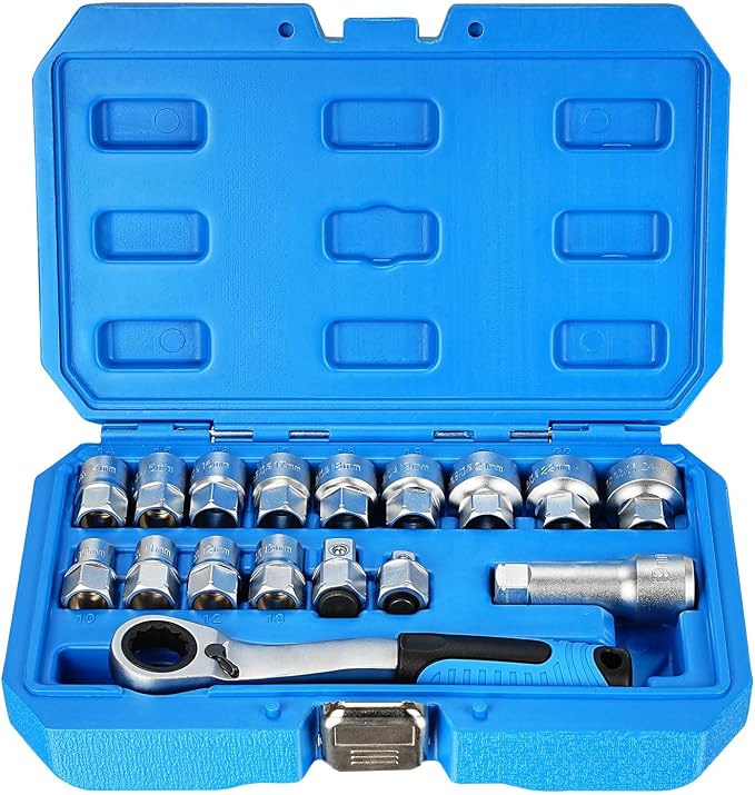BILITOOLS Lug Nut Impact Socket Set& 17-Piece Pass Through Socket Set, 3/8" & 1/2" Drive Pass Thru Spline Socket & Ratchet Set Go Through Design Metric/SAE 10-24mm