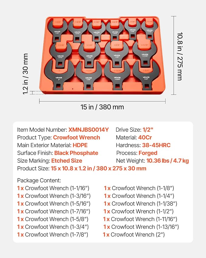 VEVOR Crowfoot Wrench Set, 1/2" Drive, 14-Piece SAE 1-1/16" to 2" Crows Foot Wrenches, with Storage Tray, Dual Size Markings on Tools and Tray, for Auto Maintenance or Repairs
