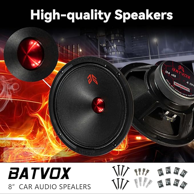 MX80P1 Loudspeaker 8 Inch Midrange 480 Watts 4 Ohms Orange Dust Cap, Premium Quality Audio Door Speakers for Car or Truck Stereo Sound System, Orange (2 Speakers)