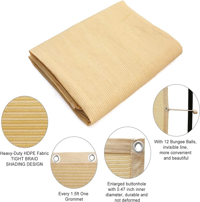 Shatex 90% Shade Fabric 12x 12ft Sun Shade Cloth with Grommets for Pergola Cover Canopy Wheat, 12 Bungee Balls