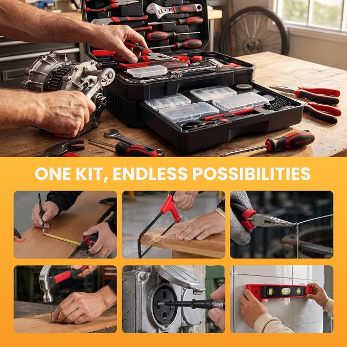 330-Piece Portable Home Repair Tool Kit with Pull-Out Drawer | Compact Homeowners Tool Kit, Durable Tool Box for Homeowner, DIY Projects, Handyman, Black-Red