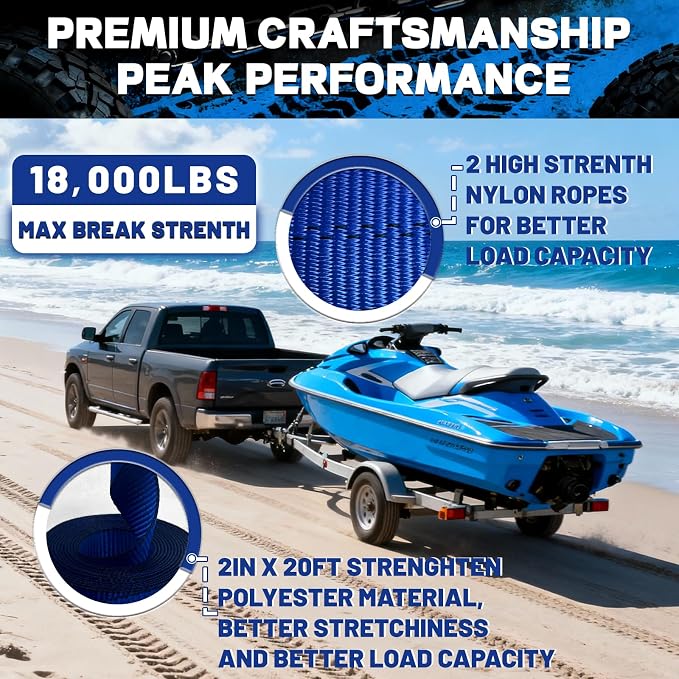 Boat Winch Strap with Hook (2" x 20ft) - 18,000lb Break Strength, Heavy Duty Replacement Trailer Winch Strap with Safety Hook - Fits Pontoon, Fishing Boat, Powerboat & Jet Ski Trailers.