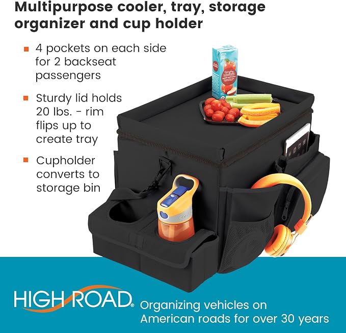 High Road CarHop Front Seat Car Organizer with Car Cup Holder, Passenger Seat Tray and Padded Filing or Cooler Compartment with Side Pocket Storage