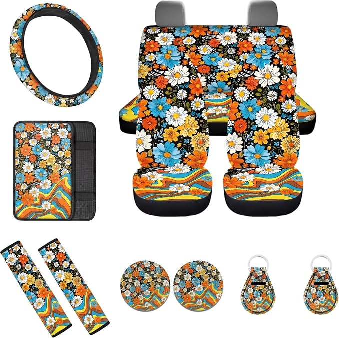 12 Pcs Hippie Flower Car Seat Covers Full Set for Women Lady,Retro Daisy Flower Colorful Swirl Wavy Auto Seat Protection Groovy Floral Steering Wheel Cover Car Coaster Automotive Interior Set