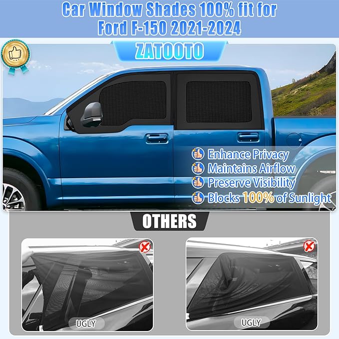 ZATOOTO Car Window Shades for Ford F-150 2021-2024 Car Window Covers Blackout | Double-Layer with Zipper | Airflow and Privacy F-150 Window Screen with Storage Bag for Camping Napping Traveling