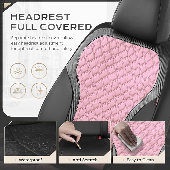 Coverado Car Seat Covers Full Set, Pink Car Seat Covers, Luxury Leather Car Seat Cover with Carbon Fiber Textured Design, Spill-Proof Seat Cushions, Automotive Seat Cover Universal Fit Most Cars