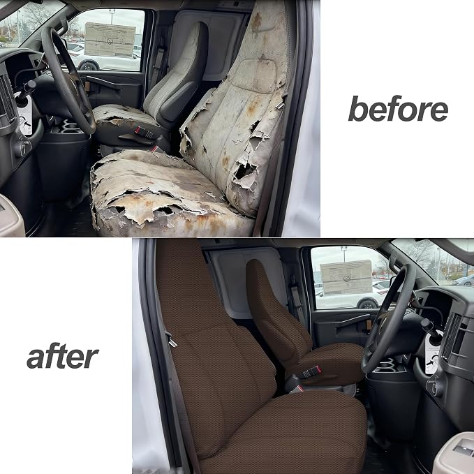 ESMING Front Heavy-Duty Oxford Fabric Seat Covers for Chevy Express 1996-2025 Front Bucket Seats Waterproof and Wear-Resistant, Easy to Install - Brown