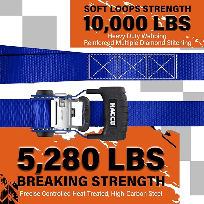 HACCOPLANET Ratchet Straps, 5280lb Break Strengeth, 1.6" Heavy Duty Ratchet Tie Down Strap Set w/Padded Handle, S Hook, Soft Loop for UTV Motorcycle Truck Cargo Straps (Blue, 8FT)