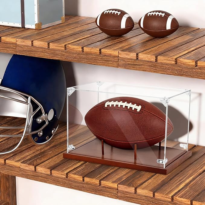 Clear Acrylic Football Display Case with Wood Base & Tee, Memorabilia Stand Cube Holder, Dust Protection Transparent Storage Box for Single Ball Souvenir Football Collections