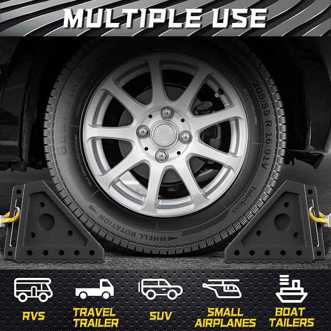 4 Pack Heavy Duty Wheel Chocks with 39" Rope, Rubber Wheel Chocks for Trailers, RV, Cars, Trucks, and ATV