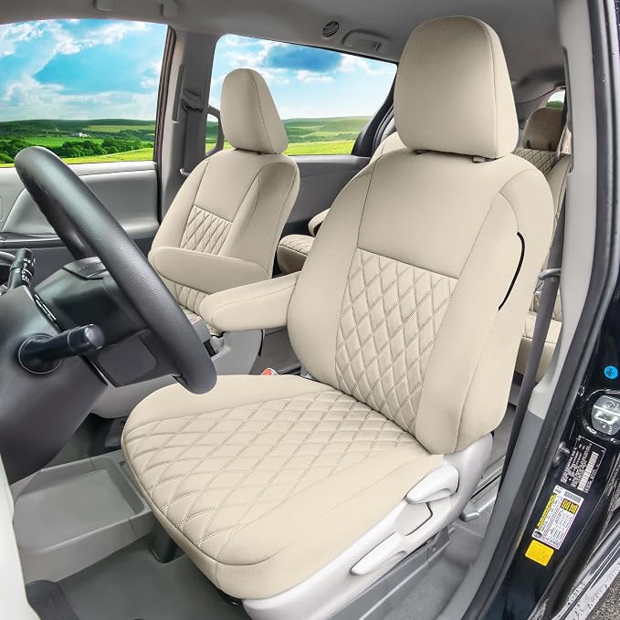 FH Group Custom Fit Car Seat Covers Specifically Made for Toyota Sienna 2011-2020, Car Seat Cover Full Set, 8 Seater Automotive Seat Covers in Solid Beige Neoprene, Waterproof and Washable Seat Covers