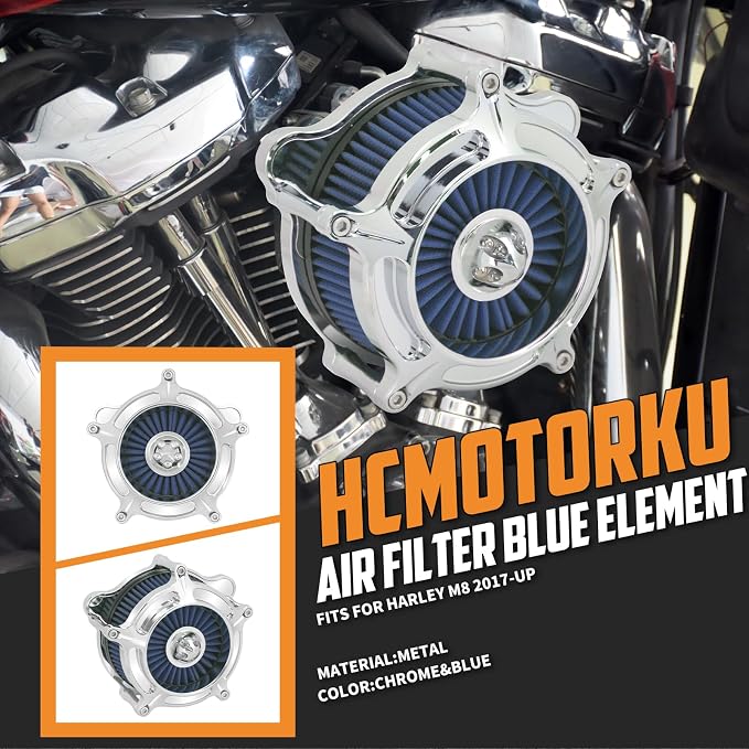 Air Cleaner Filter Aluminum Fit for Harley Touring Road King Street Glide Softail (Chrome Housing Blue Element, D For M8 Touring 17-23 Trike 17-25 Softail 18-24)