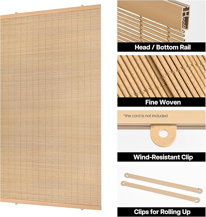 LazBlinds Cordless Roller Shades for Outdoor, Exterior Light Filtering Roll up Shades, Hanging Sunscreen for Patio, Balcony Indoor/Outdoor Porch, 32'' W x 64'' H, Natural