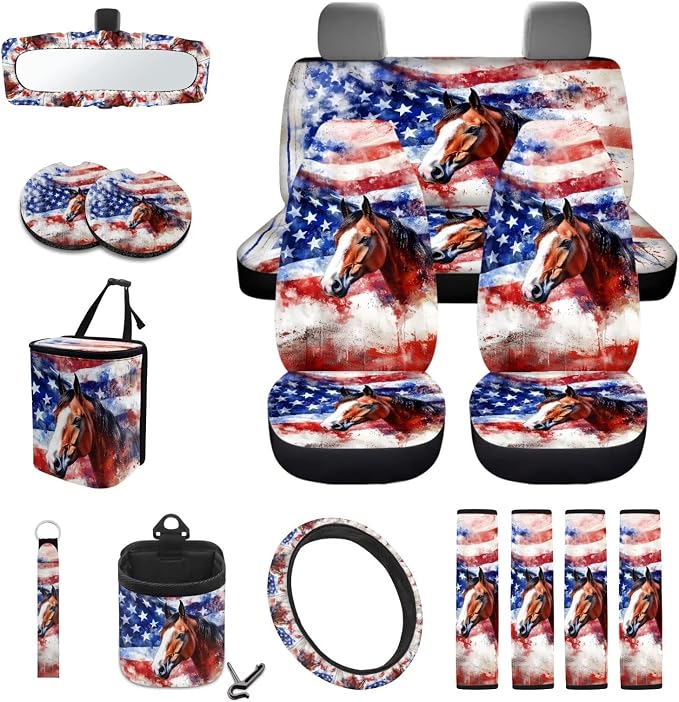 American Flag Horse Printed 15 PCS Car Accessories, Universal Auto Seat Protector Steering Wheel Cover Seatbelt Strap Covers Trash Can Cup Holders Rearview Mirror Cover Keychain