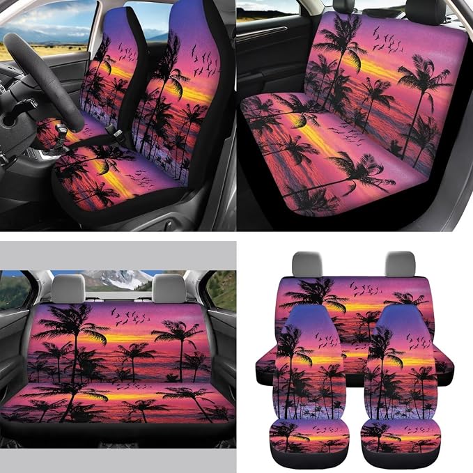 Sunset Tropical Palm 15 PCS Car Seat Cover Full Set, with Steering Wheel Cover Seat Belt Cover Trash Cans Rear View Mirror Cover Cup Coaster Keychain Universal Fit