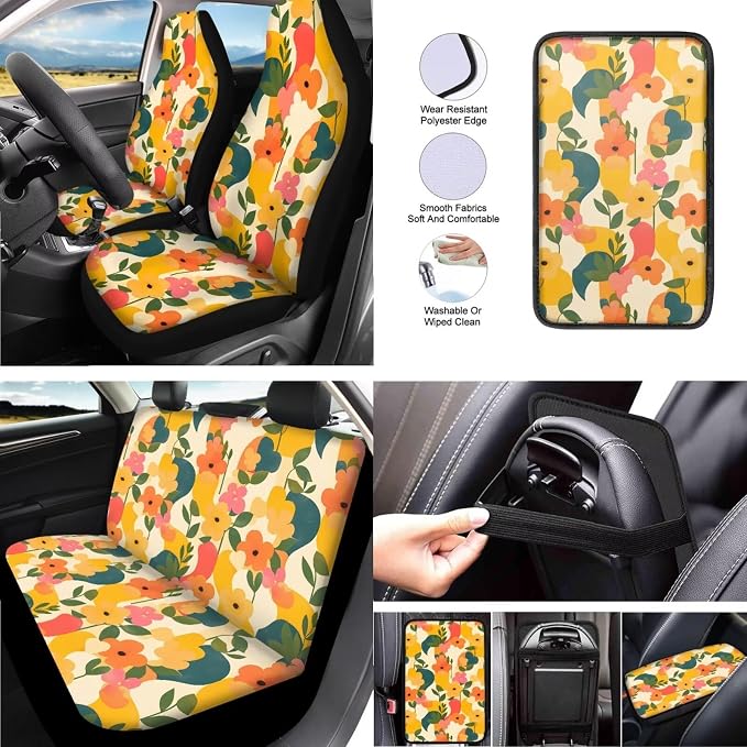 13 Pcs Yellow Wild Flower Car Seat Covers, Flowers Geometric Vehicle Headrest Cover Keychain, Abstract Floral Leaf Automotive Interior Covers for Sedans, Trucks