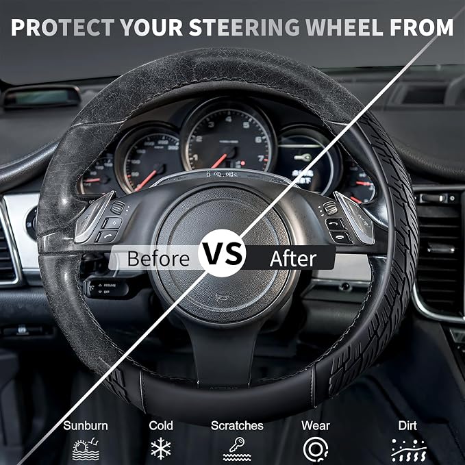 CAR PASS Universal Leather Sport car seat Covers&Leather Rubber Steering Wheel Cover Set,Equipped with Mobile Phone Holder and Non-Slip Cup Mat,Suitable for Steering Wheel 14.5-15” All Black