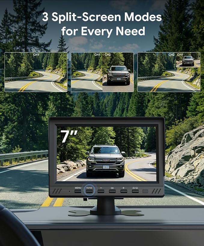 RV Backup Camera System with Front & Rear View Camera, 7'' Split Screen for RV Truck Trailer Camper, 1080P HD DVR Loop Recording, Plug & Play, Night Vision, IP69 Waterproof, Wide Angle, 32GB SD Card