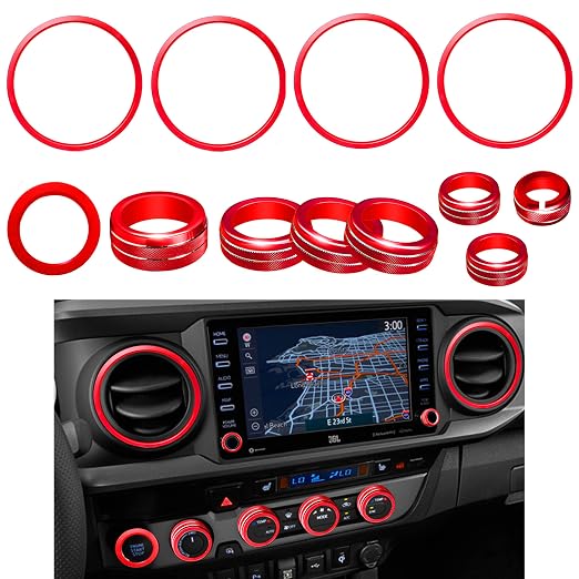 for Toyota Tacoma Accessories 2023 2022 2021 2020 with 8" or 7" Touchscreens Knob Covers - AC Vent Ring Button Knob Covers for Air Conditioner Volume Mirror Push Start Stop Button Trim 12Pcs (Red)